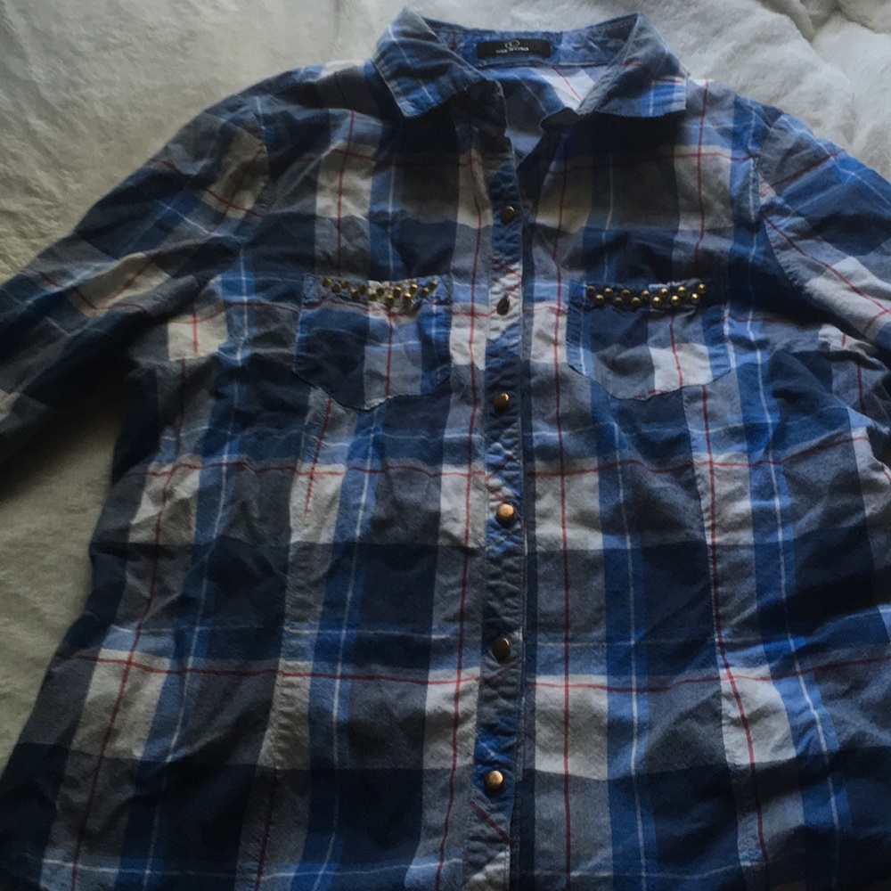 Large blue white and red button down